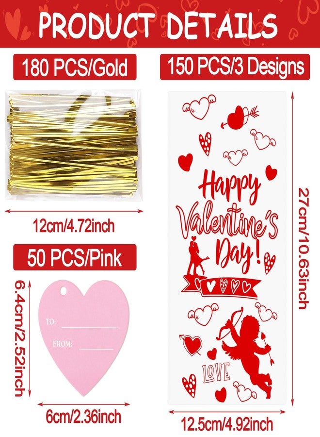STEFORD 150Pcs Valentine Cellophane Bags, Valentine Day Cellophane Treat Bags, Valentine Gift Bags with 50Pcs Heart Tags, 180Pcs Twist Ties - Image 3